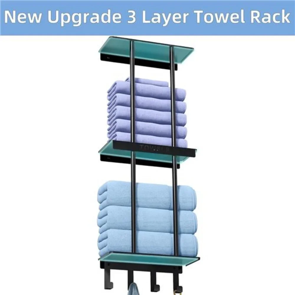 Bathroom Towel Rack w/ Shelf, 3 Tier Towel Storage Rack  Wall Mounted w/ 4 Hooks